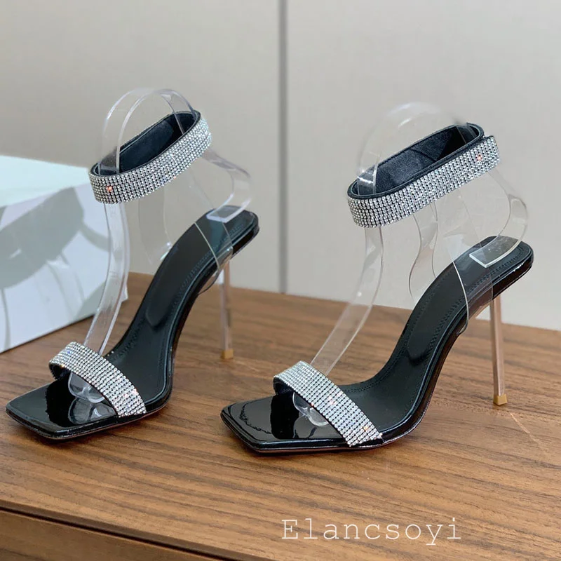 Summer New Women's Square toed High heeled Sandals with Shallow Mouth Shining Crystal Decoration Summer Banquet Dress Shoes