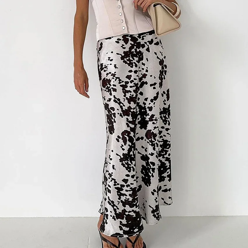 2025 Fall Winter Cow Print Skirt A-Line Mid Calf Length Midi Skretch Waistband Punk Rock Style Y2K Retro Skirt for Women
