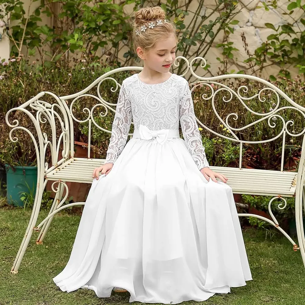 Fancy First Communion Flower Girl Dress Boho Chiffon A-line White Bridesmaid Dresses Wedding Party 2-12 Year Old