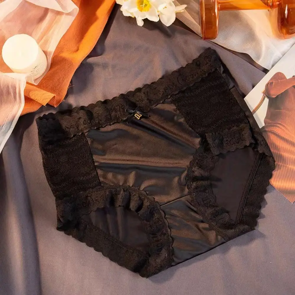 Confortável cetim de seda renda flor briefs sem costura malha calcinha de seda gelo cuecas meados de cintura roupa interior feminina senhoras