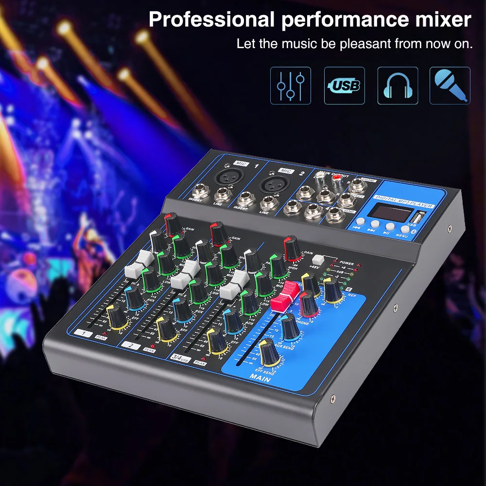 جهاز مزج الصوت الصوت خلط وحدة التحكم جهاز التحكم في الصوت USB كارت الصوت المهنية 4 قناة بلوتوث للكمبيوتر المنزل كاريوكي