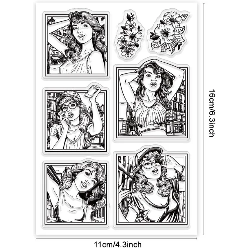 1Sheet Lady Clear Stamps Avatar Frame Silicone Clear Stamp Seals Flowers Transparent Stamps for DIY Scrapbooking Cards Making
