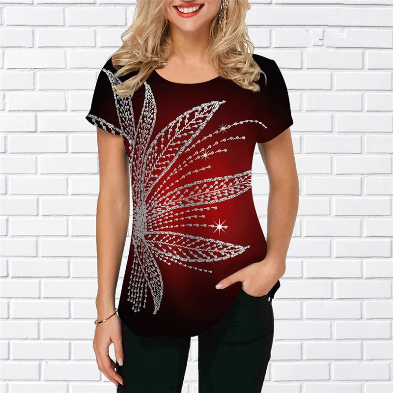 Abstract Leaf Pattern Printed 3D Shirts Short Sleeve Summer Streetwear Gradient Women Blouses Round-Neck Loose Casual Shirt Tops