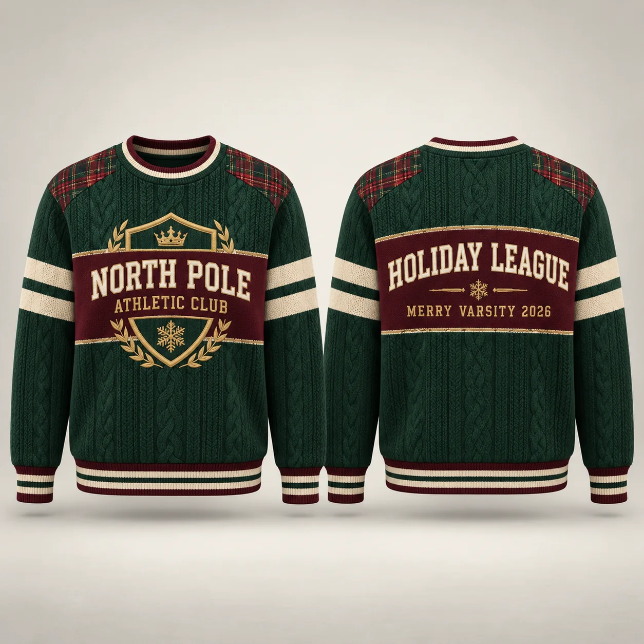 3D Printed Faux Knit Christmas Crewneck Sweatshirt Burgundy Forest Green Plaid Varsity Shield Holiday League Unisex Pullover
