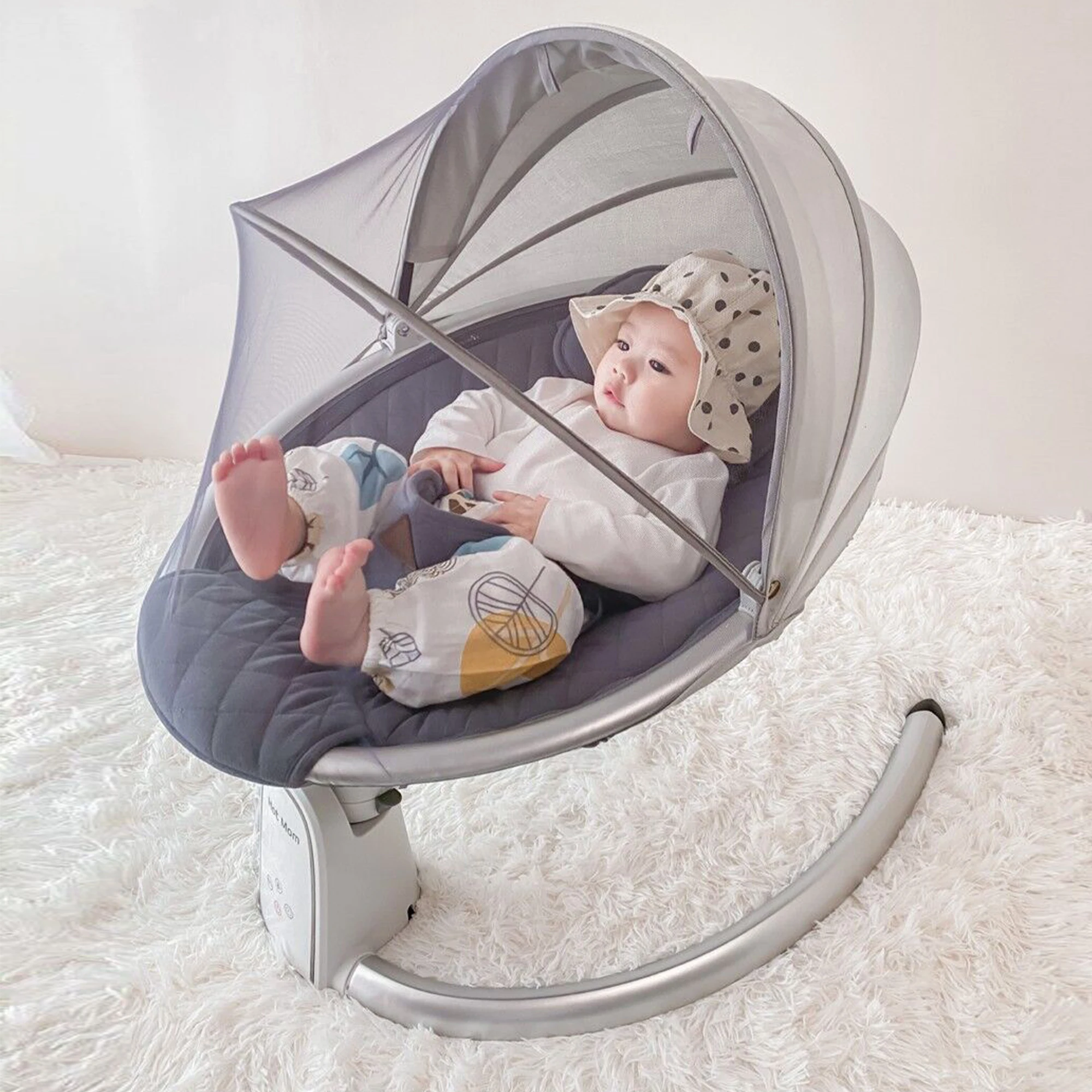 Hot Mom Upgrade Cotton Electric Baby Bouncer Bluetooth Automatic Swing Inset Music Speaker smart Timing & LED Touch display (Dark grey1)