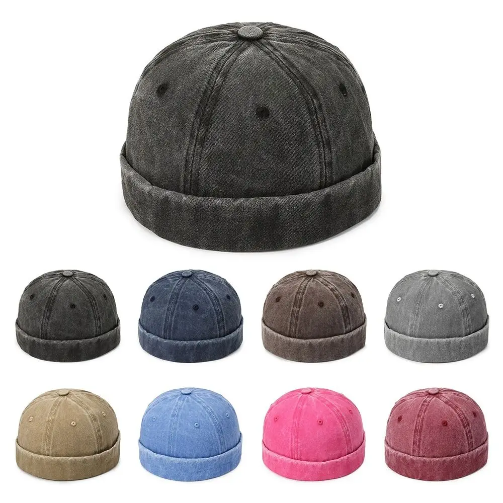 Vintage Washed Denim Brimless Docker Cap Solid Color Cotton Hip Hop Hat Adjustable Melon Beanie Cap Boy Girls