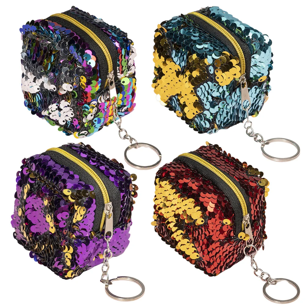4Pcs Sequin Small Wallet Zippered Coin Purse Compact Short Purse Change Pouch Portable Key Holder Lightweight for Work Shopping