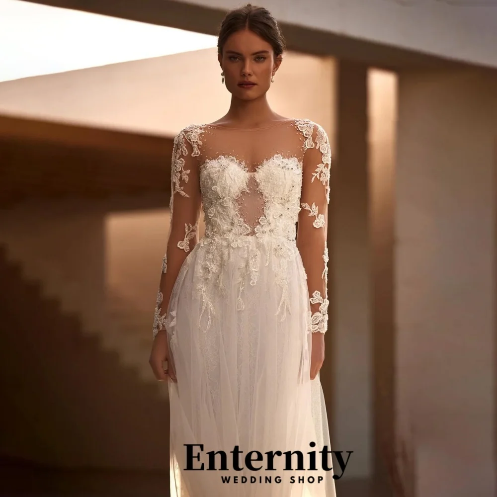 فساتين زفاف مخصصة طويلة الأكمام الساحرة س الرقبة للنساء Ruched الساحرة الدانتيل زين زي العرائس Vestidos De Novia