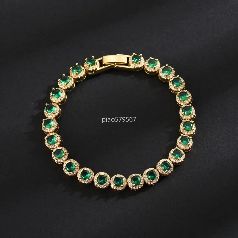 Gold Plated Emerald Green CZ Tennis Bracelet, Hip Hop Iced Out Cubic Zirconia Chain Bracelet for Men Women