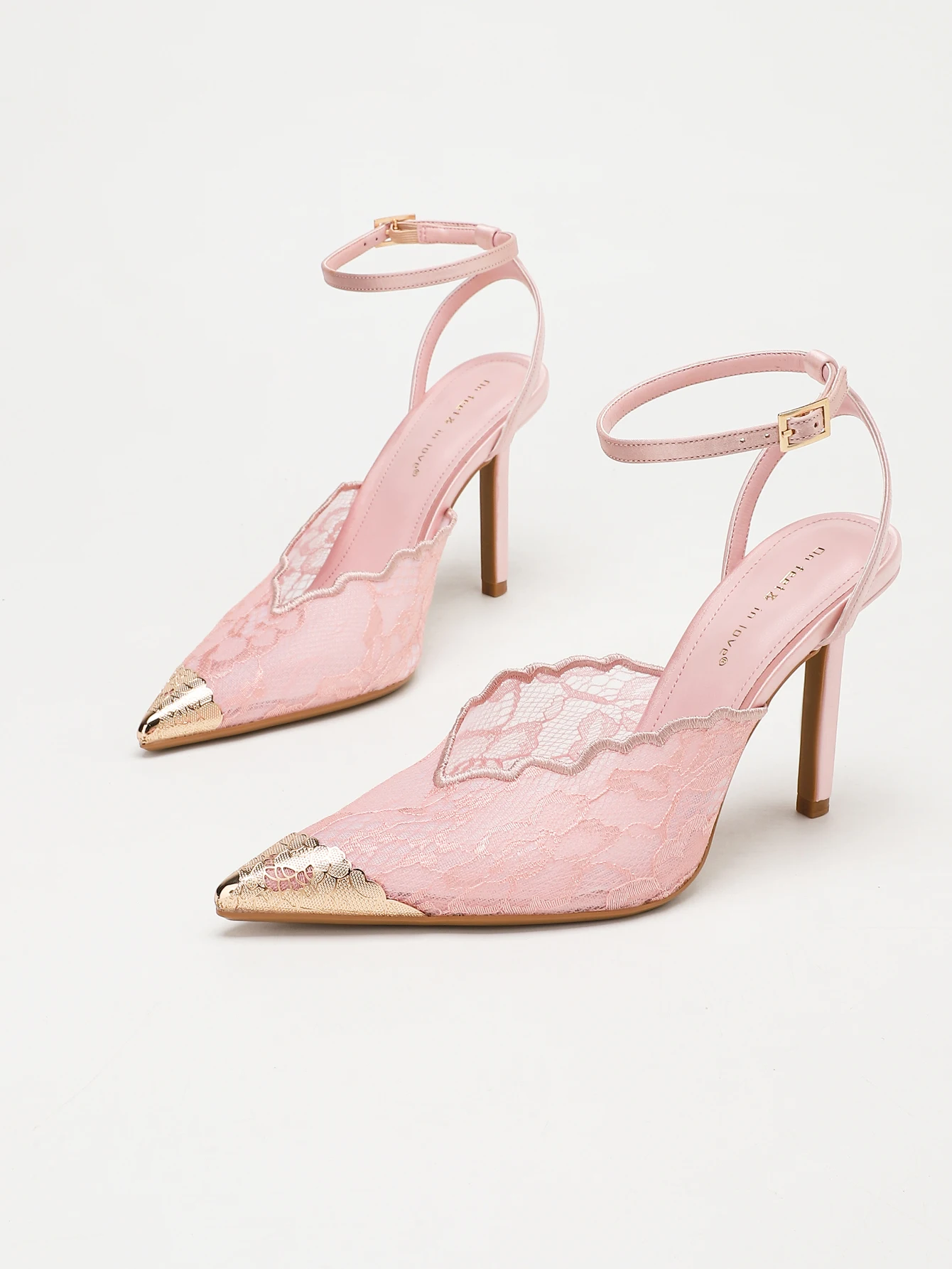 WOMEN PINK WHITE FLORAL LACE SLINGBACK HEELS POINTED TOE GOLD METAL TOE CAP ANKLE STRAP STILETTO SANDALS BRIDAL WEDDING PARTY