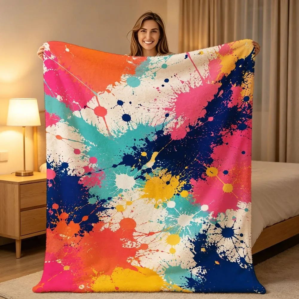 Colorful Abstract Splash Ink Flannel Throw Blanket Bright Multicolor Paint Splatter Soft Warm Blanket for Bedroom Room Decor