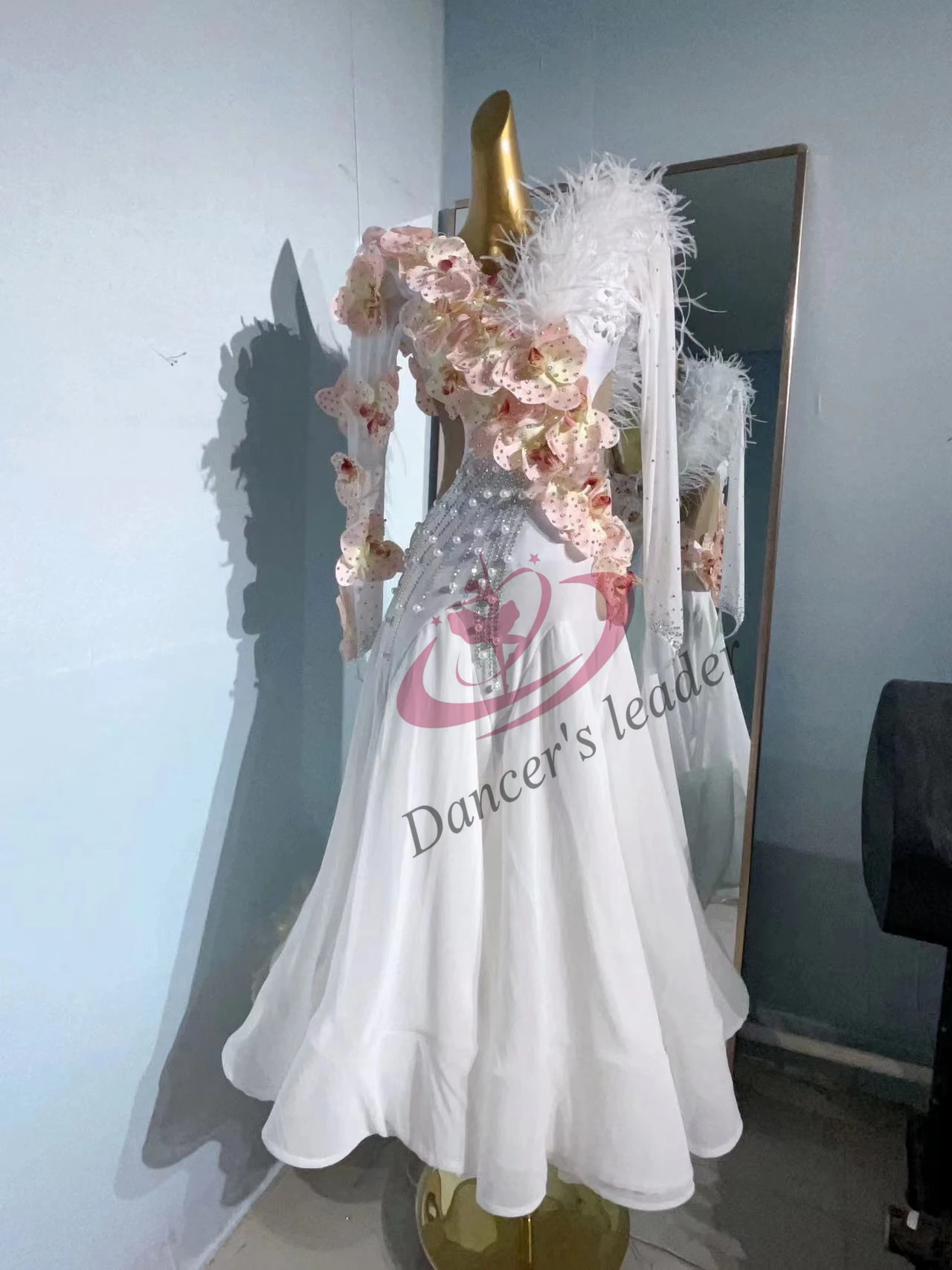 

Ballroom high-end customized half fluff and half floral dress Tango Waltz female stage performance professional clothing