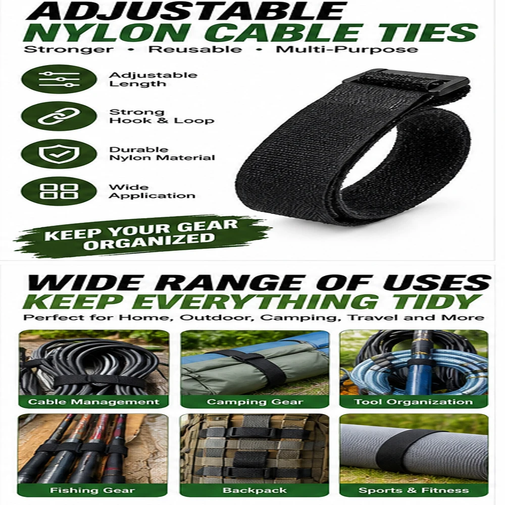 Reusable Hook Loop Cable Ties Adjustable Nylon Wire Fastener Straps Cord Organizer Cable Management  Home Office Travel Outdoor