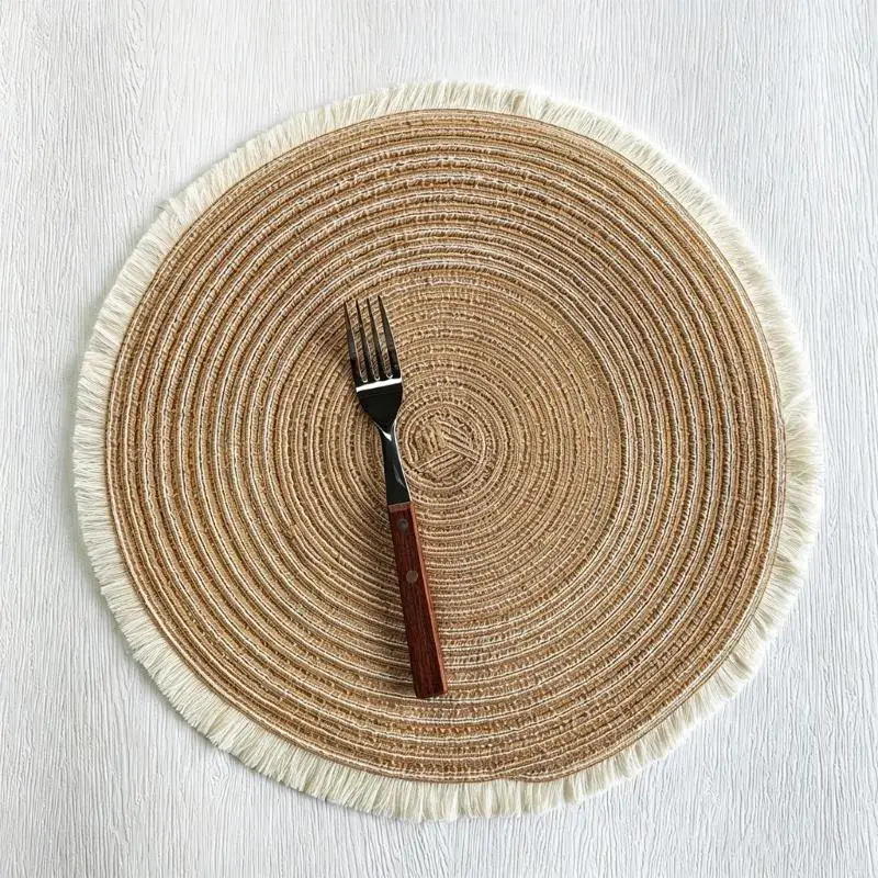C7AC Round Table Mat In Multiple Color With Fringes Detail Great For Hot Dishes And Table Setting