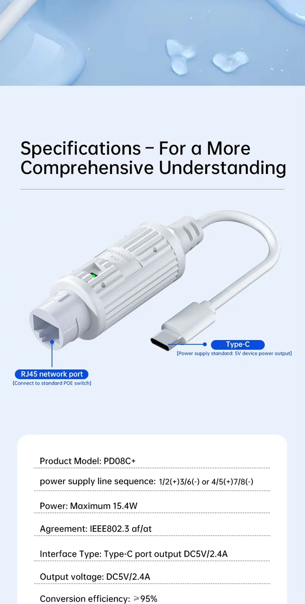 48V zu 5V Wasserdichter PoE-Konverter, RJ45-Anschluss zu Typ-C 5V/2A, IEEE802.3 AF/AT Power Over Ethernet für Typ-C Passive 5V Geräte – Detail 6