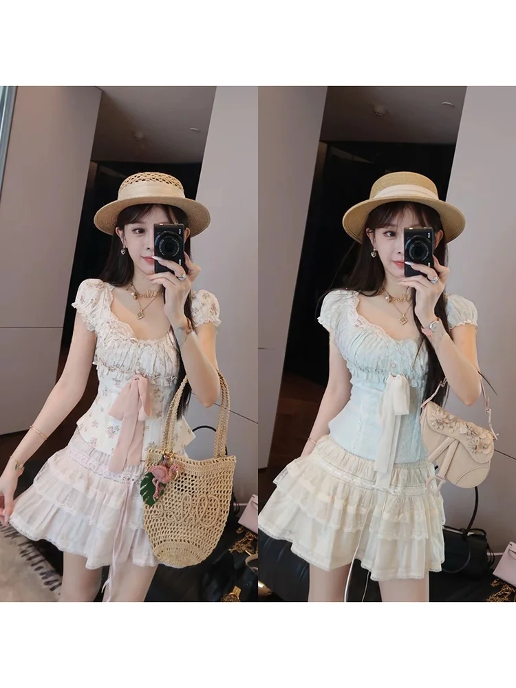 

Mimius French Style Floral Print Cotton Shirt Short Sleeve Belted Midi Skirt Women's Summer Breathable Comfortable Floral Blouse