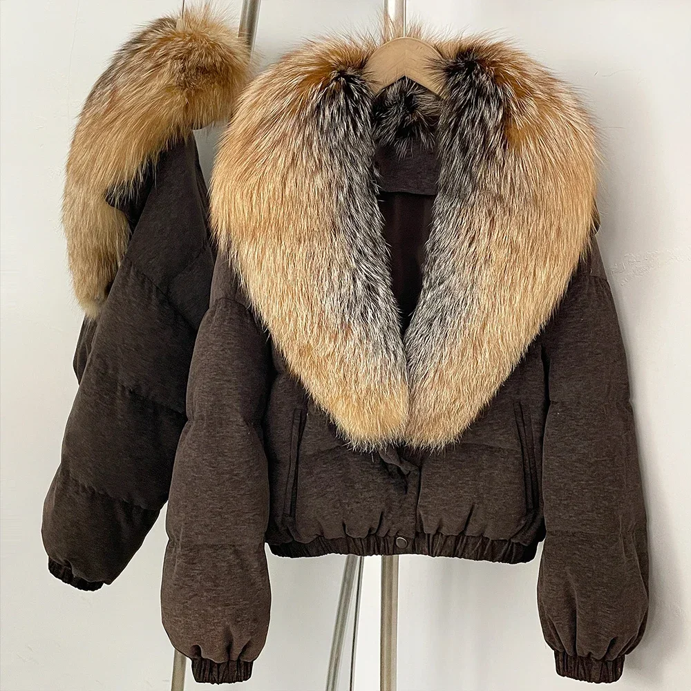 OFTBUY Neue Winterkleidung Übergroßer Echter Fuchspelz Kurzer Daunenmantel Damen 100% Baumwolle Waschbärpelz Entendaunen Pufferjacke Frauen – Detail 14