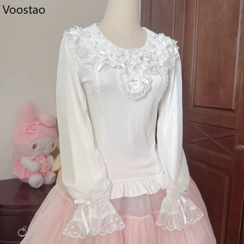 النمط الياباني Kawaii لوليتا بلوزة المرأة لطيف القوس الدانتيل الكشكشة بيتر بان طوق قمصان طويلة الأكمام الحلو الأميرة Blusas القمم #1