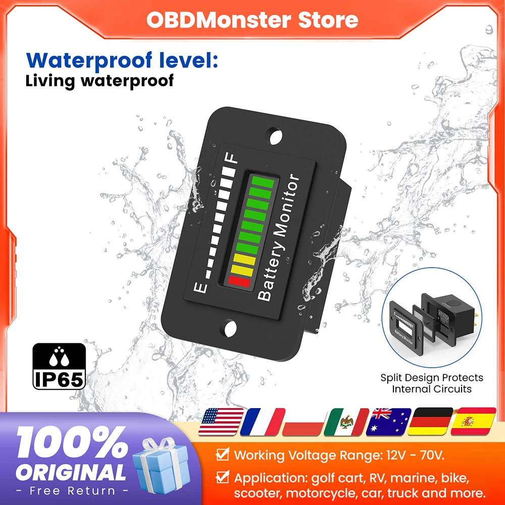 Voltage Battery Meter with LED Indicator 12V 24V 36V 48V 60V 72V Waterproof Battery Power Monitor for Car Golf Cart RV Boat