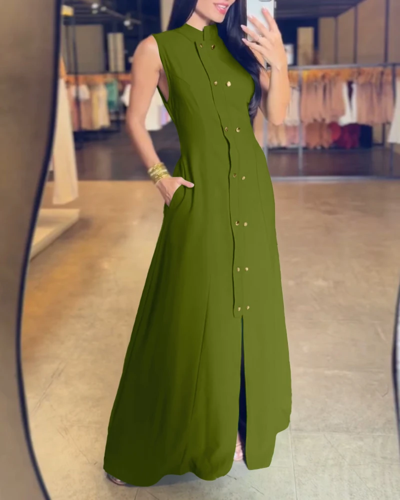 

Women's Elegant Dresses 2025 Summer Casual Sexy Dresses for Women Stand Collar Sleeveless Button Slit Dress Women Long Dresses