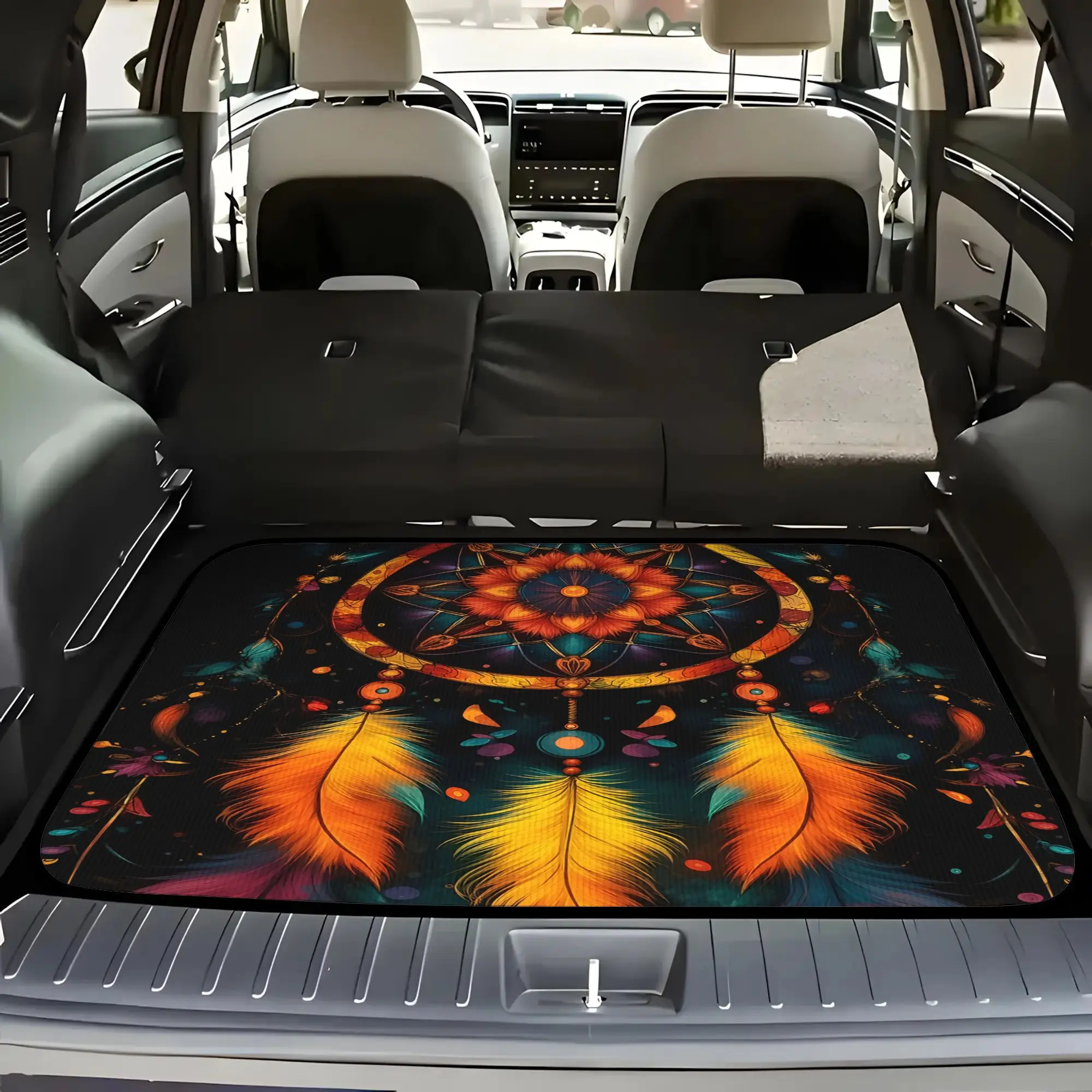 5pcs Vibrant Dreamcatcher With Fiery Feathers And Cosmic Patterns In Neon Hues Universal Car Floor Mats And Trunk Mats, Suitable