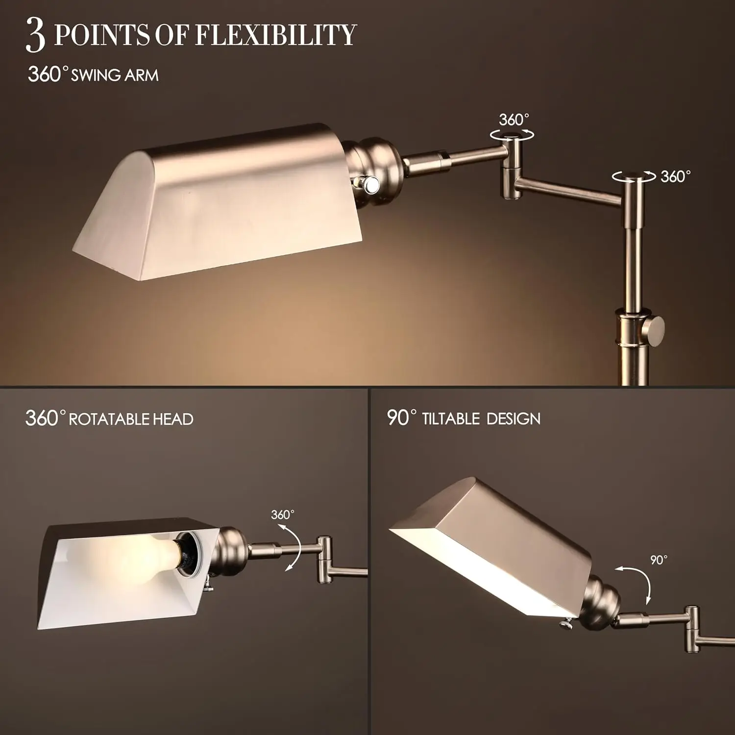 Pharmacy Floor Lamp, Full Range Dimming, Swing Arm Task Lamp, E26 Socket, Bulb Replaceable, Adjustable Height 47” to 55”, 360° Rotatable Shade, All-Metal Design, Brushed Nickel