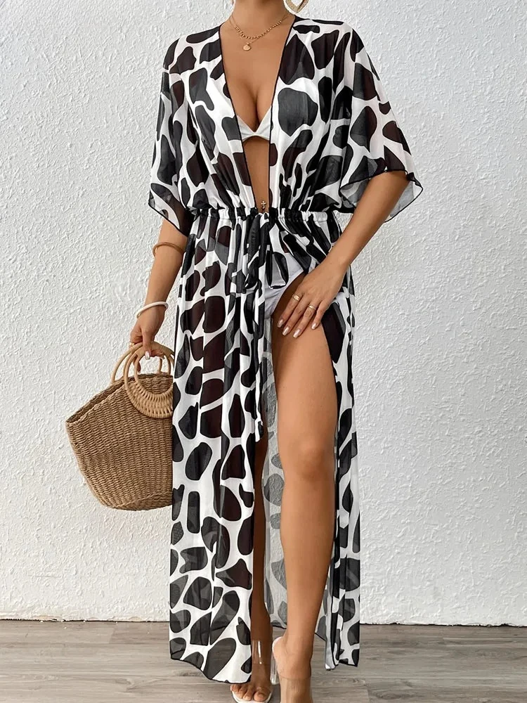 Vrouwen sexy mesh print bikini cove up korte mouw dame lange strandjurk losse vrouwelijke braziliaanse badpak cover-ups