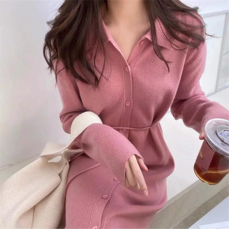 Dress Women Summer Long Sleeve Long Wool Knitting Single Breasted turn-down Collar Solid Color Dresses Casual Vestidos YPH8748