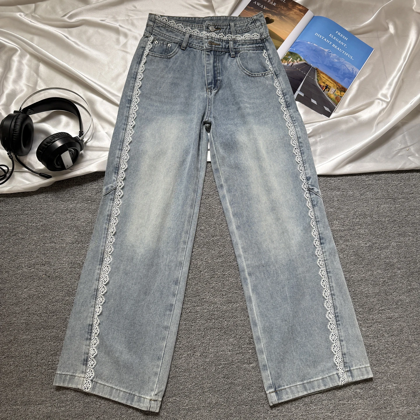 Women'S Fashion Petite - Hochgeschnittene Weite Jeans mit Spitze für