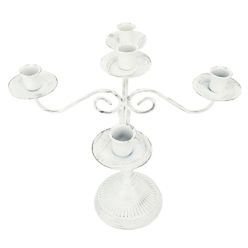 5 Arms Metal Candelabra Cast Iron White Candlestick Holder Round Stable Base Pillar Candle Holder Party Centerpiece