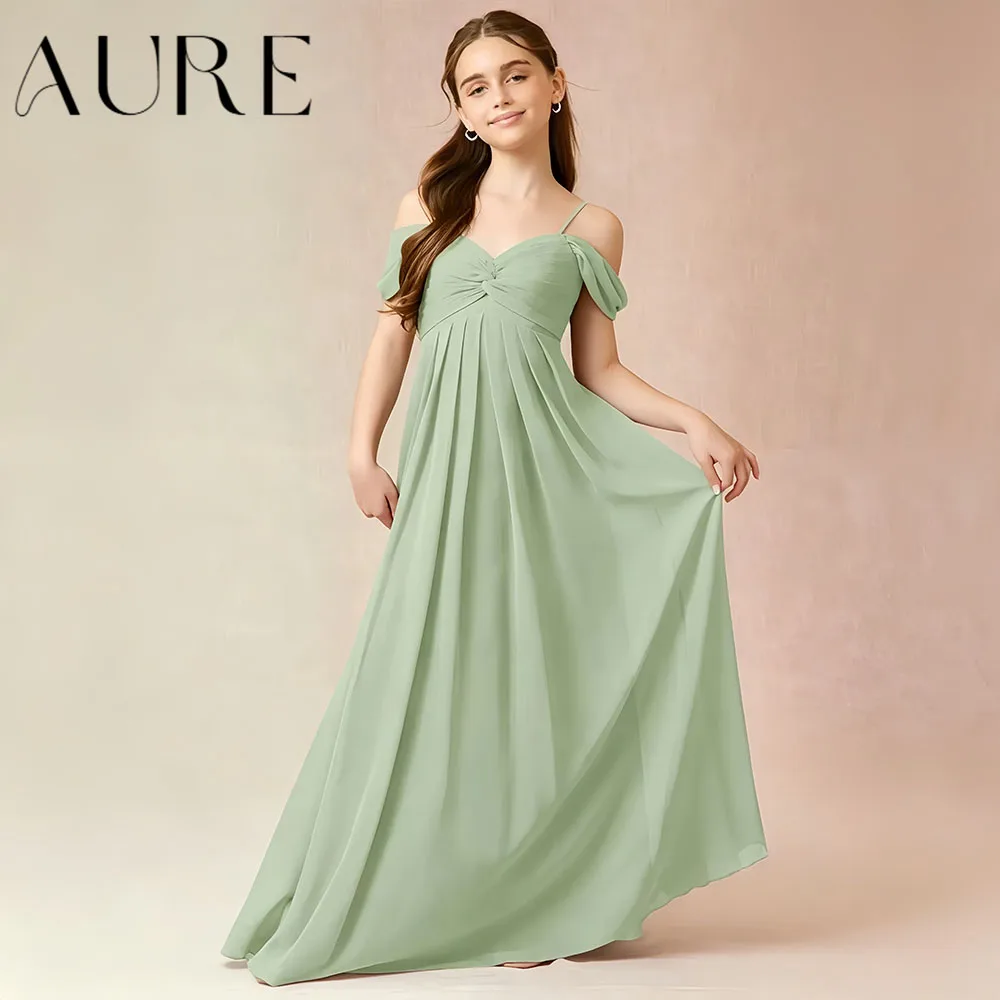 Aure Customized Green V-Neck Flower Girl Dress Off-Shoulder Sleeveless Chiffon Floor-Length Children's Formal Gown with Pleated