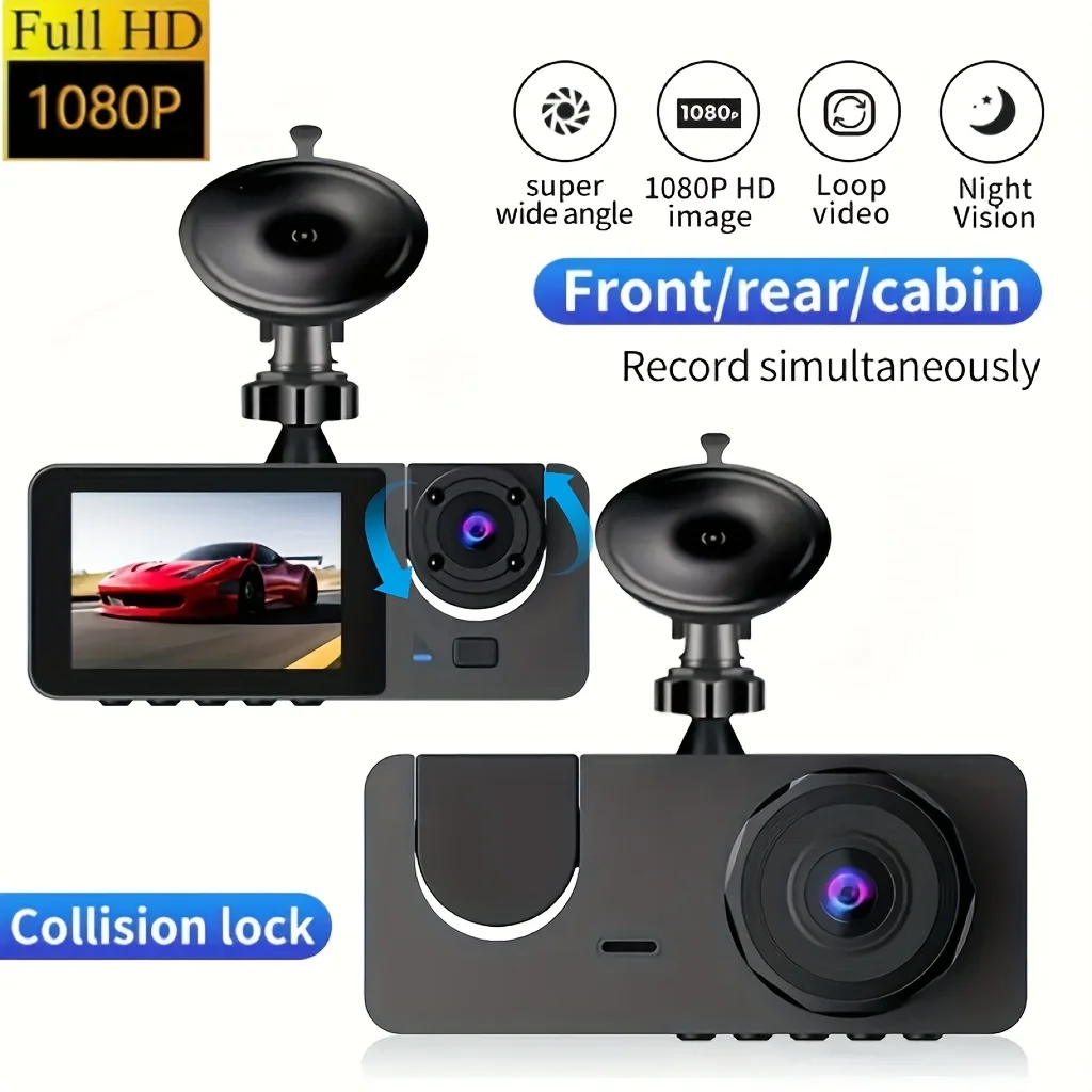 

1080P Full HD Dash Cam with 3 Lenses - Easy Adhesive Mount, Loop Recording, Simultaneous Front Interior & Rear Car Video Capture
