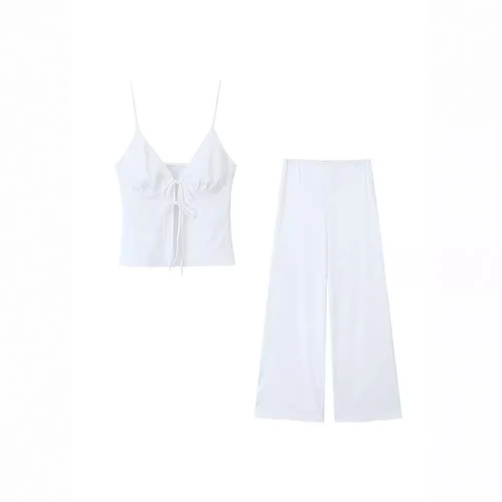 

Suit Women's 2 Pieces 2024 New Fashion Satin Suspender Top Retro Sleeveless Women+elastic Waist Straight Pants Women's Suit