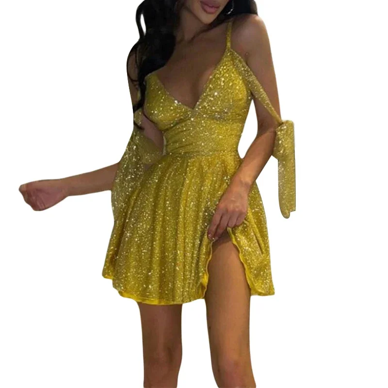 

Sexy Women Sleeveless Strap Short Mini Dress Summer Party Clubwear V-neck Backless Off Shoulder High Waist Vestidos