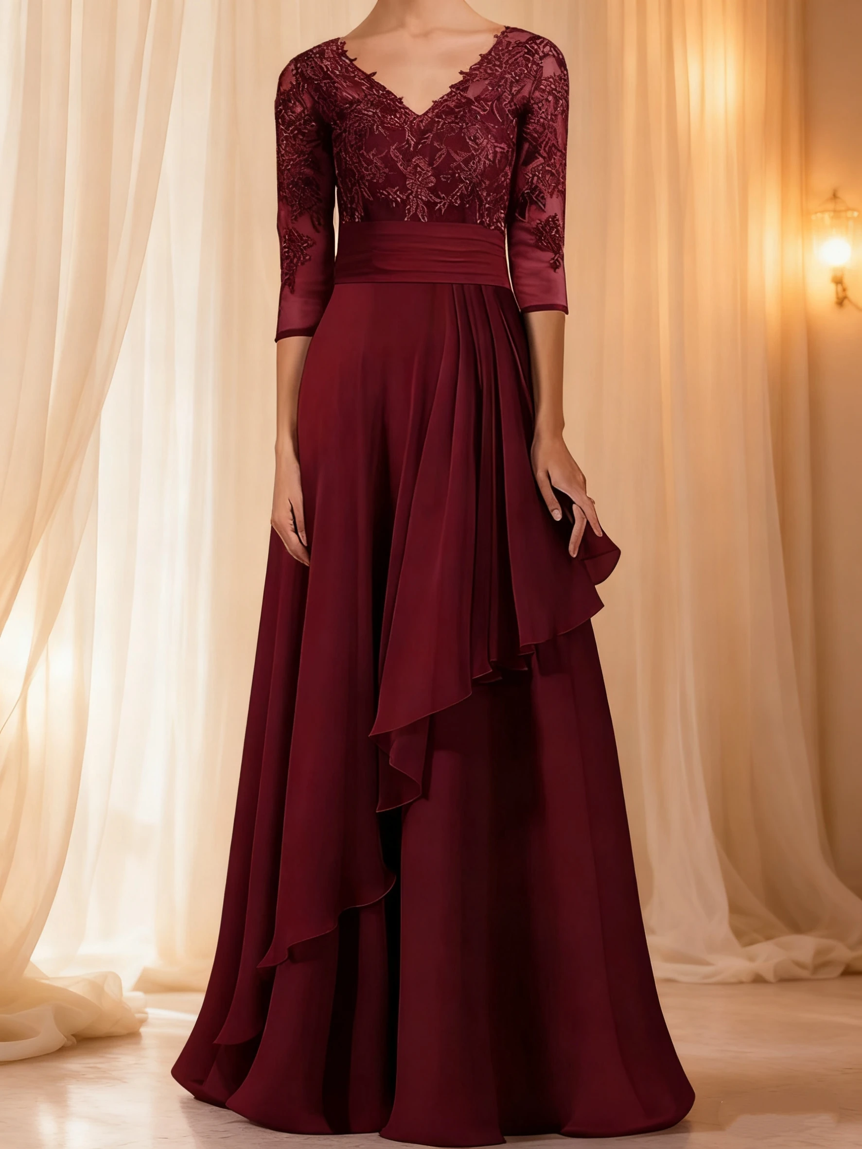 

Lace Applique Mother of Bride Dress Long Bridesmaid Dresses 3/4 Sleeves Floral Chiffon Pleated Formal Evening Party Gowns