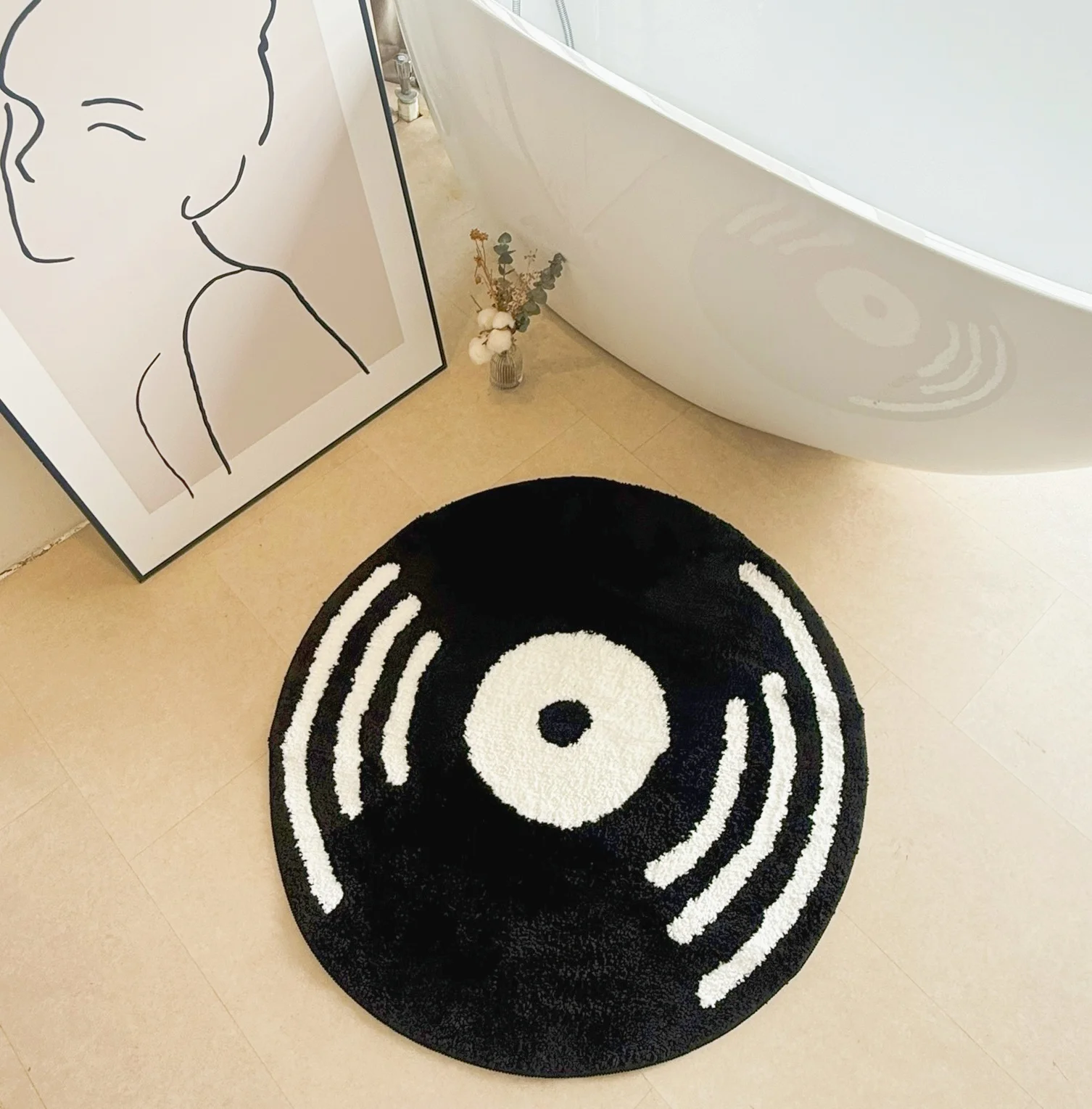 LAKEA Record Disc Tufted Area Rug, Soft Round Non-Slip Accent Mat, Black White Retro Minimalist Aesthetic for Music Room
