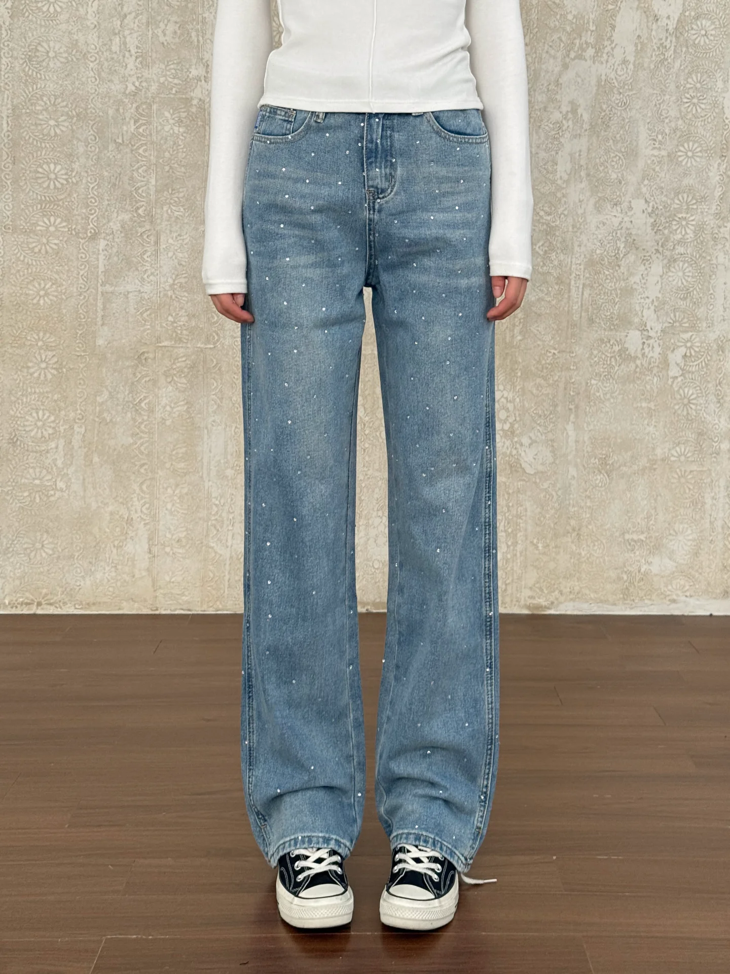 

Винтажные джинсы с высокой талией и прямыми штанинами, женские облегающие джинсы-клеш в пол с бриллиантовой отделкой