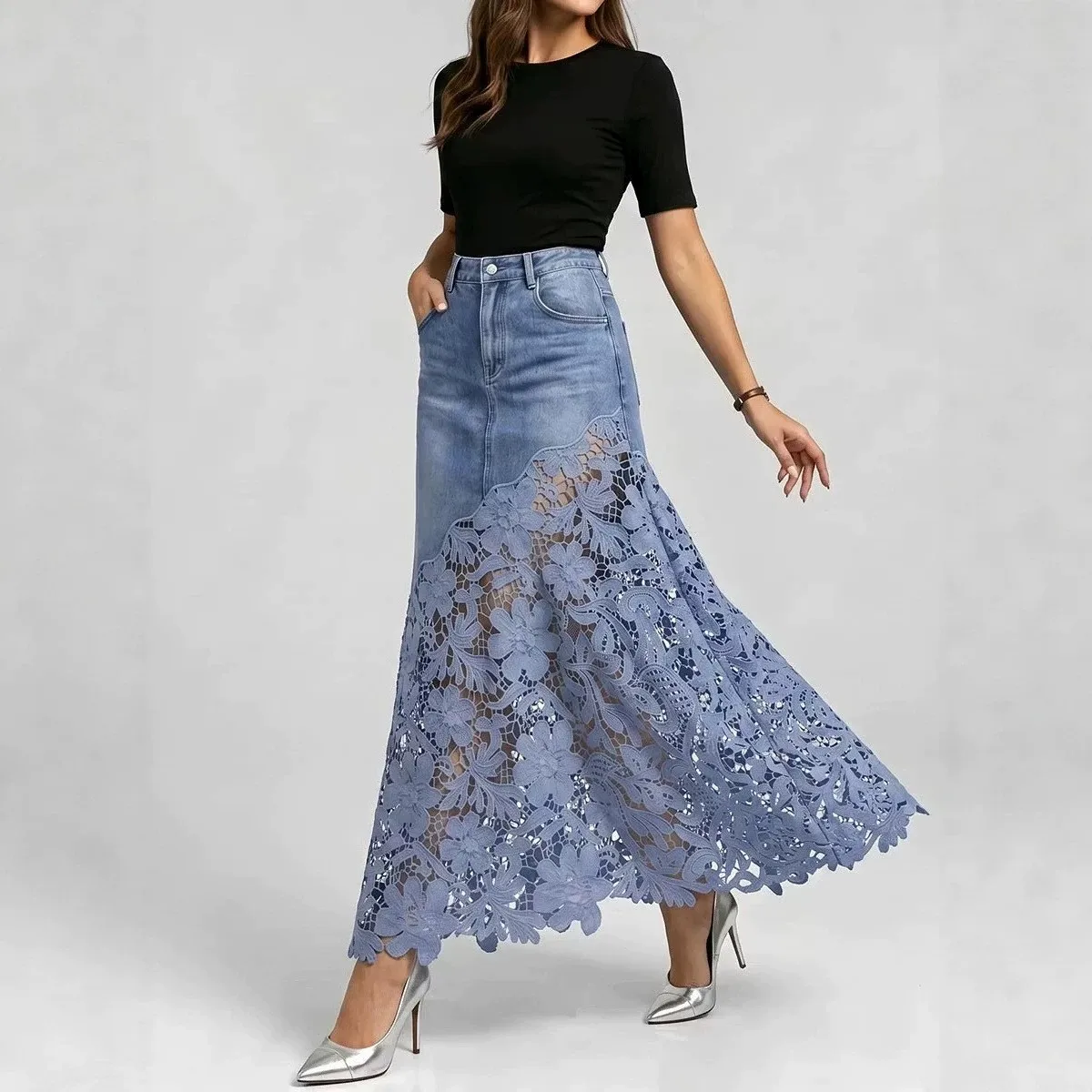 Patchwork No Stretch Skirt a Line Intellectual Style with Elegant and Refined Long Length Wrinkle Finish Maxi Length Women Skirt