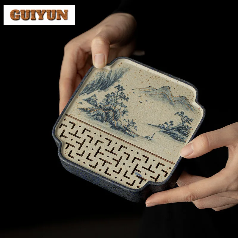 

Hand Drawn Blue And White Mountain Pot Bearing Holder Ancient Water Storage Dry Brew Table Tea Tray Base Tea Ceremony Decoration