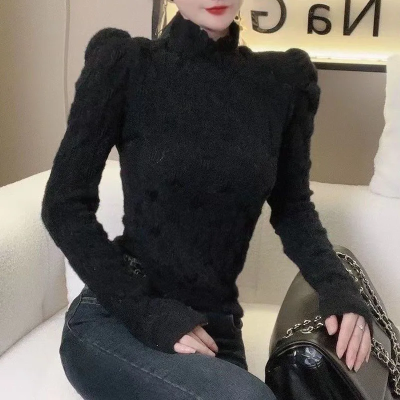 Korean Sweet Love Pattern Printing Hollow Out Soft Stand Collar Lace Solid Slim Puff Sleeve T-Shirts Autumn Winter Ladies Cloth