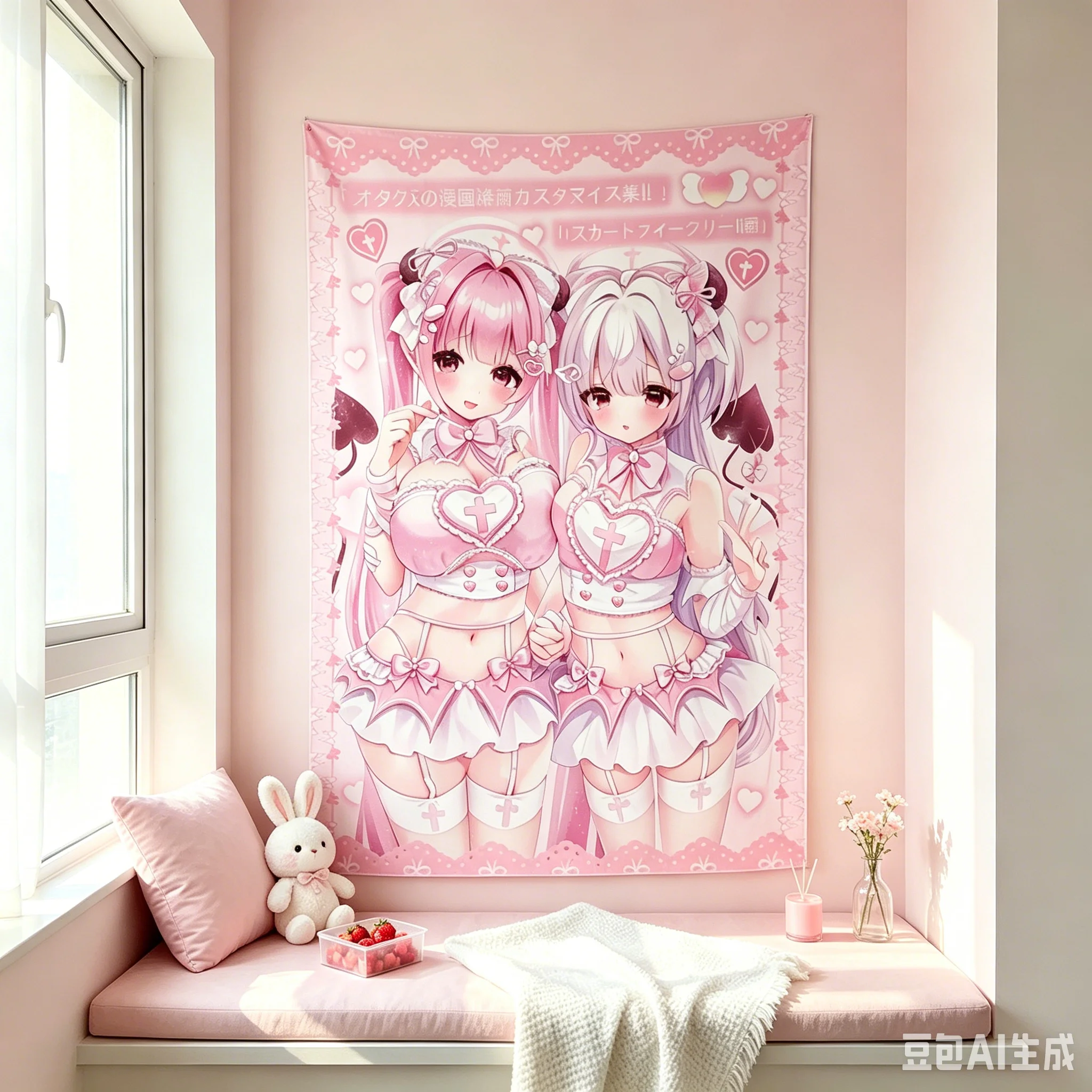 Original Anime Girl Tapestry, Pink Cutecore Artist Fanart Wall Hanging for Bedroom Dorm Aesthetic Room Decor Gift