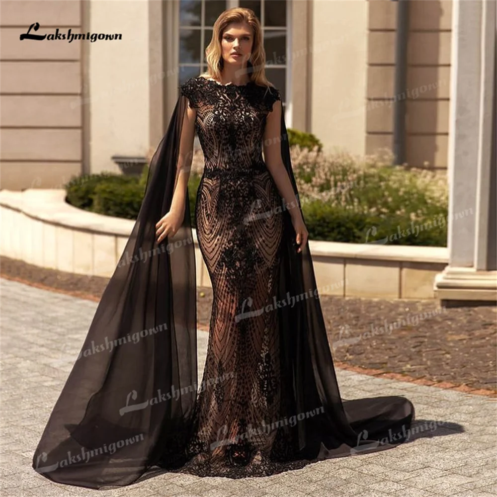 Luxury Black Lace Sheath Bodice Wedding Dress Allure Mermaid Scoop Neck With Long Chiffon Sleeves Bridal Gown Vestido Blanco