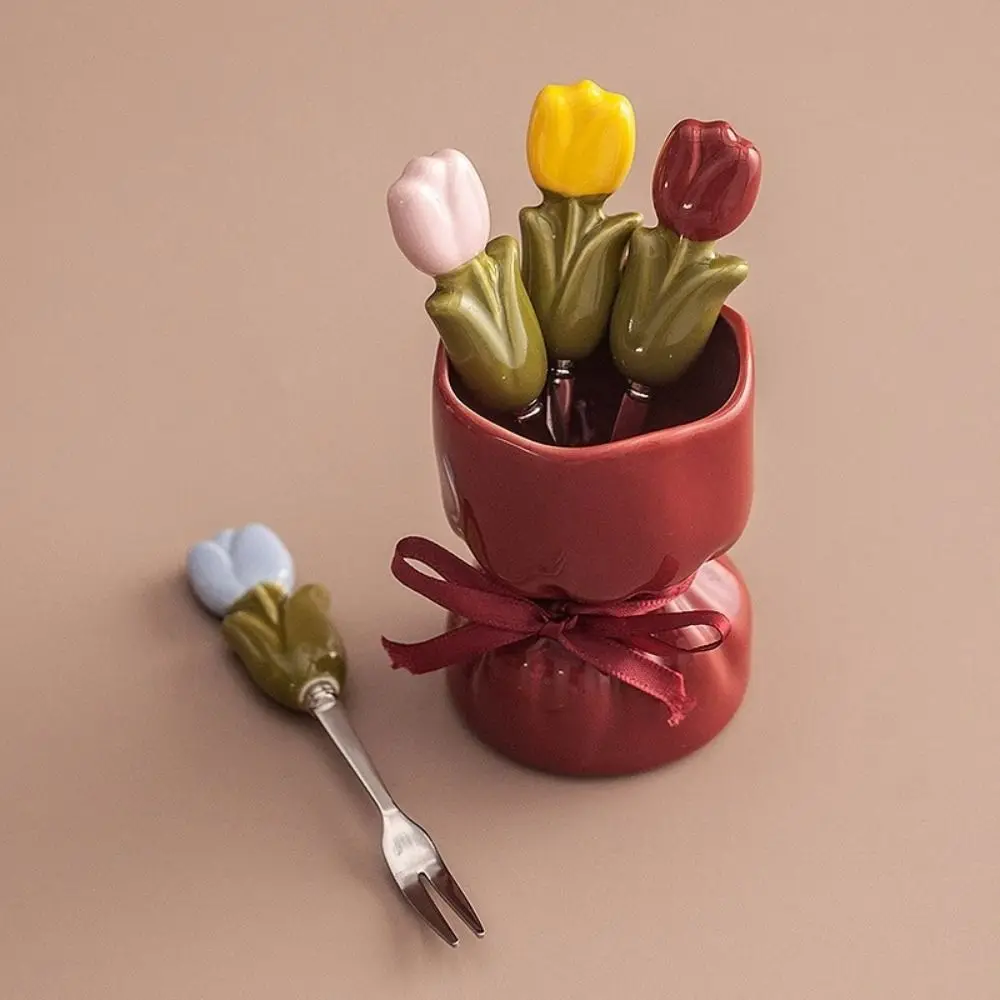 

Tulip Shape Fruit Forks Set Creative Ceramic Jar Dessert Forks with Storage Jar Household Decorative Stainless Steel Fork
