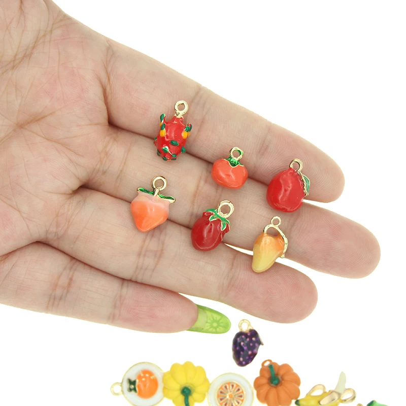 10pcst Enamel Fruit Three-dimensional Strawberry Charms Peach Persimmon Dragon Fruit Mango Banana Pendant for DIY Jewelry Making