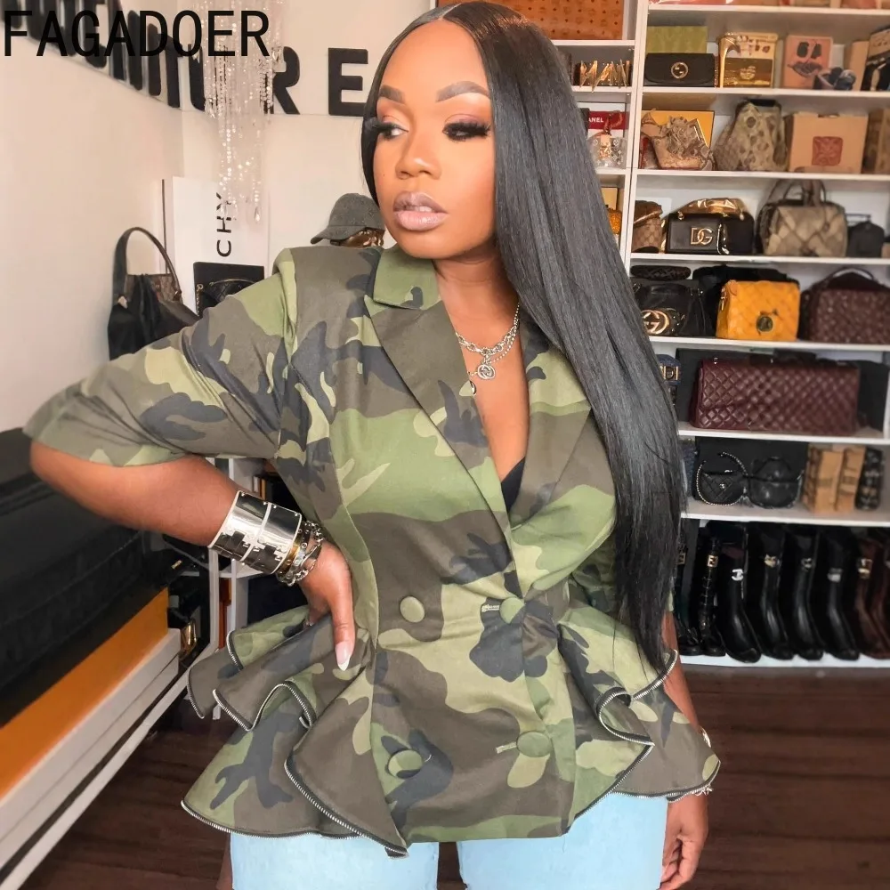 FAGADOER Fashion Camouflage Bodycon Coat Women Long Sleeve Deep V-neck Irregular Patchwork Jackets Female Streetwear Clothing