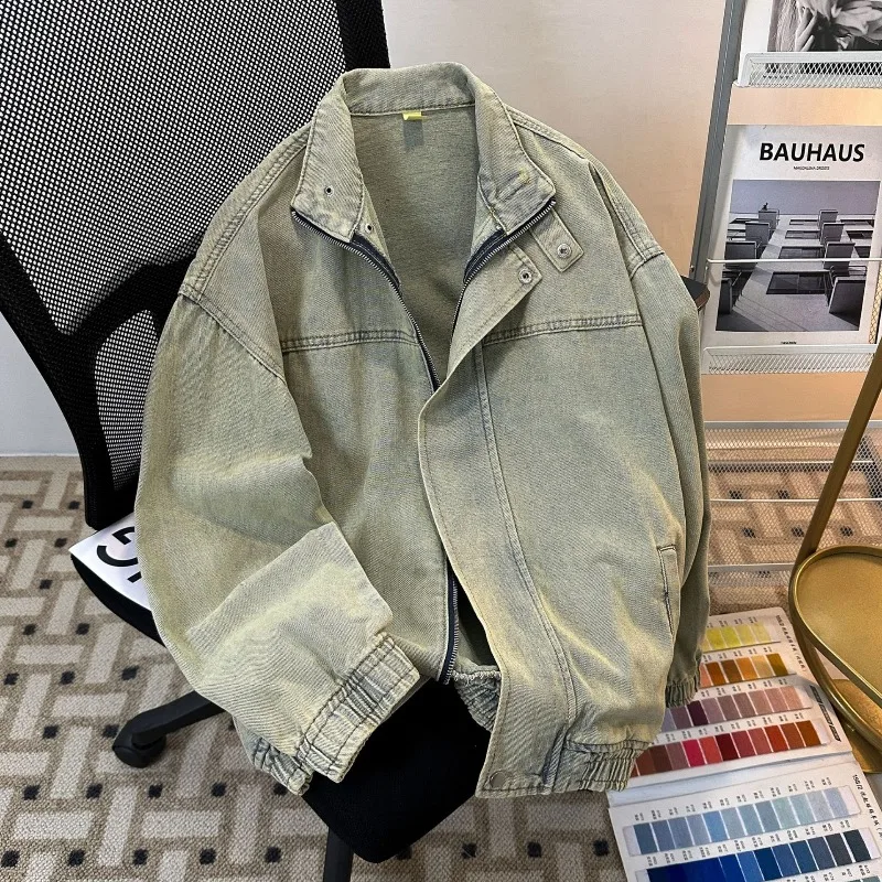 American Retro Washed Denim Loose Jacket for Men 2026 Autumn New Men's Streetwear Korean Stand Collar Casual Zipper Jacket Coats