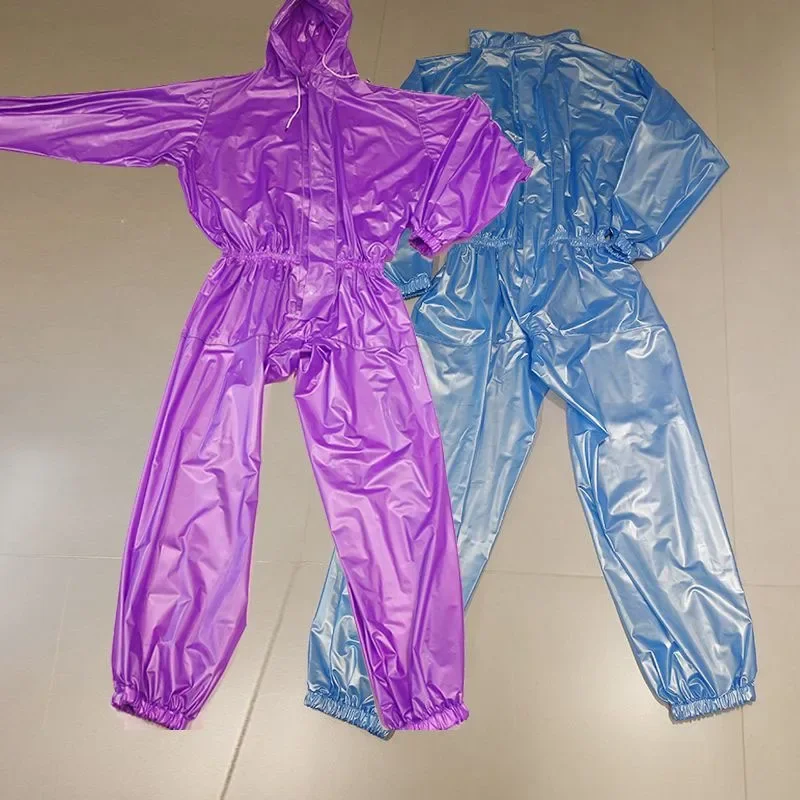 

NEW PVC Transparent Zipper Soft Plastic Jumpsuit Hooded Long Sleeved Elastic Waist Loose Couple Bodysuit Waterproof ABDL Onesie