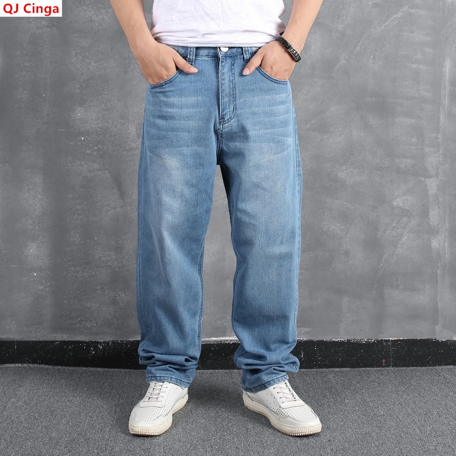 Men's Blue Stretch Wide-leg Jeans for Spring and Fall, Featuring Frayed Hems and Decorative Pockets; Asian Sizes 30–34 36 38 42.