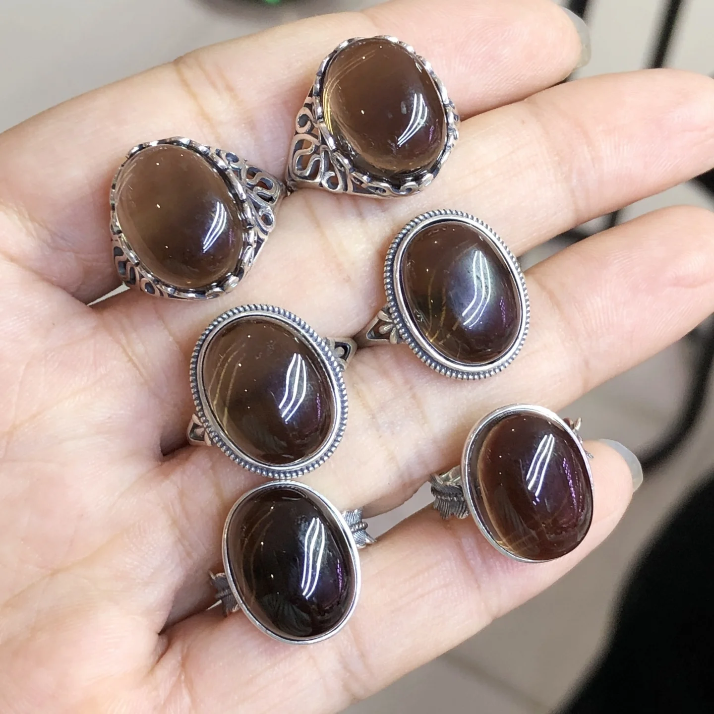 

1 Pc Fengbaowu Natural Smoky Quartz Oval Cabochon Ring 925 Sterling Silver 12x16MM Cabochon Reiki Healing Stone Jewelry Gift