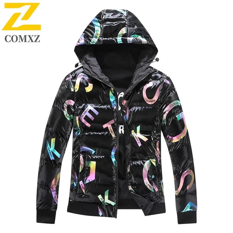 COMXZ Giacca imbottita alla moda da uomo con cappuccio Sci all'aperto Parka caldo addensato Finitura lucida Cappotto imbottito invernale leggero